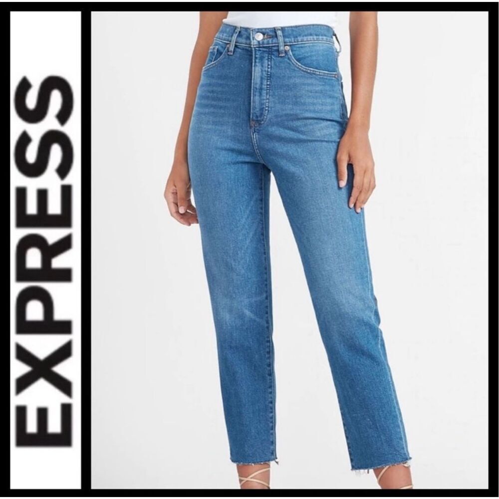 Womens Express Super High Rise Medium Wash Raw Hem Mom Jean Jeans